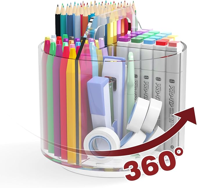 Absonic Pencil Holder for Kids, 360 Rotating Pen Holder for Desk Organizer and Storage, 4 Compartments Art Supply Marker Organizer, Acrylic Kids Desk Organizer for School Lazy Susan Organizer by Absonic