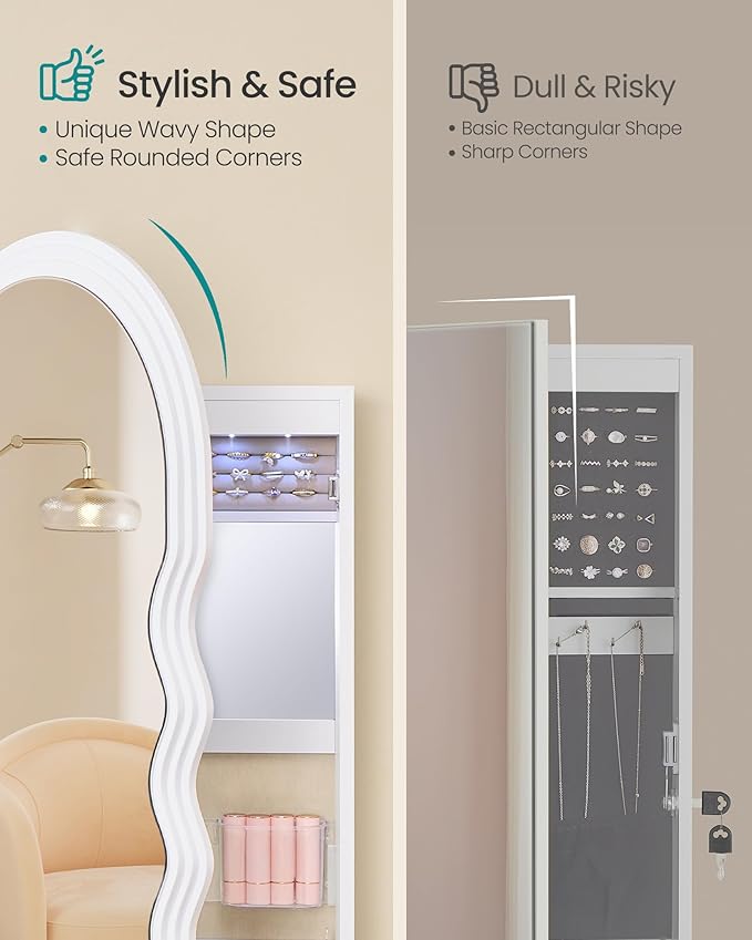 SONGMICS Wide Jewelry Organizer, Wall/Door Mounted, LED Cabinet, Lockable - Image 3