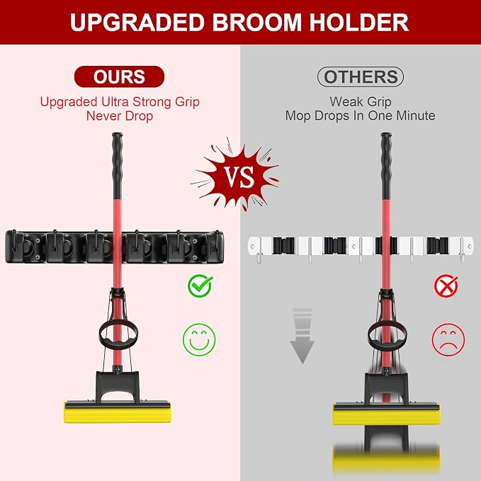 LETMY Broom Holder Wall Mount - Mop and Broom Hanger Holder - Garage Storage Rack & Garden Tool Organizer - 5 Position 6 Hooks Broom Rack for Home, kitchen, Garden, Tools, Garage Organization - Black - Image 2