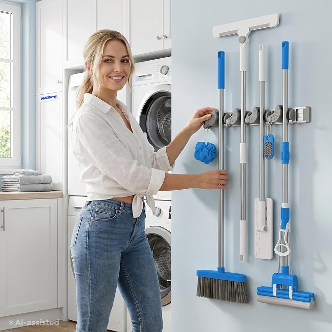 Holikme Mop Broom Holder Wall Mount Metal Pantry Organization and Storage Garden Kitchen Tool Organizer Wall Hanger for Home Goods (4 Positions with 4 Hooks, Silver) - Image 7