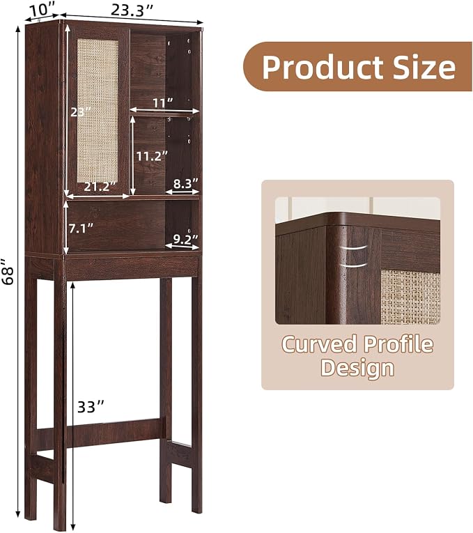LEYAOYAO 68" Boho Over the Toilet Storage Cabinet with Rattan Sliding Door - Image 2