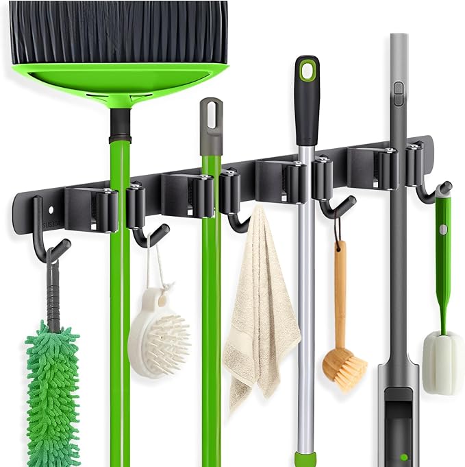 ZONGOOL Wall Mount Broom Holder 4 Racks 5 Hooks Metal Tool Organizer Black by ZONGOOLHouseware