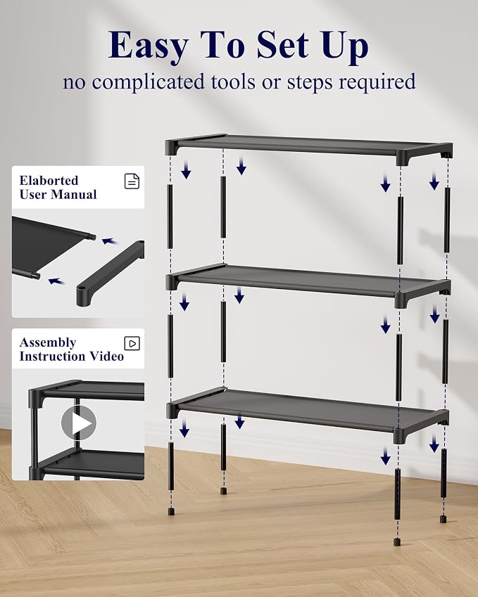 Kitsure Shoe Rack - Non-Woven Shoe Rack Shelf, 27.5" Wide - 3 Tier, Black | Shoe Organizer for Closet, Entryway, Garage, Stackable Shoe Shelves, college dorm&apartment essentials - Image 8