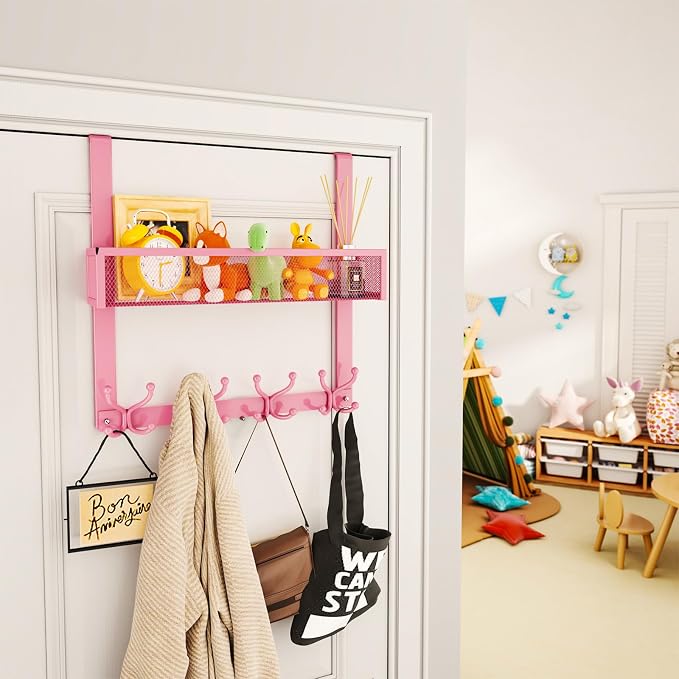 SWTYMIKI Over The Door Hook with 16 Hooks & Mesh Baskets - Heavy Duty Over The Door Organizer Hanger for Towels, Coats, Clothes - Space Saving Hanging Rack for Bathroom, Living Room, Pink - Image 5