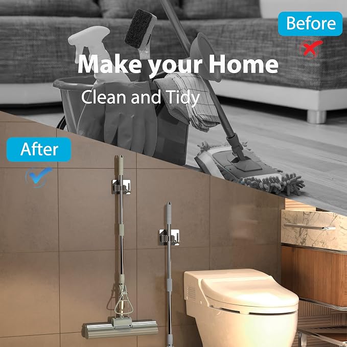 homeasy Mop Broom Holder No Drill, Mop Broom Organizer Wall Mounted Heavy Duty with Hooks Hanger, Self Adhesive Stainless Steel 4Pcs for Bathroom, Kitchen, Office (Silver) - Image 9