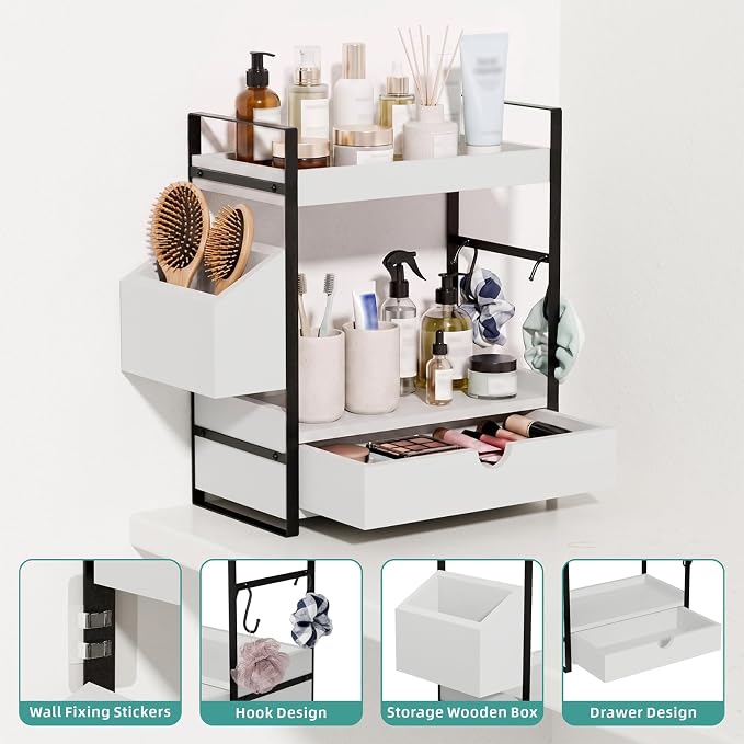 Kottwca 2-Tier Bathroom Counter Organizer with Drawer, Basket & Hooks, Wooden Vanity Shelf for Skincare, Perfume & Makeup Storage(White) - Image 4