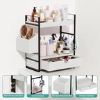 Kottwca 2-Tier Bathroom Counter Organizer with Drawer, Basket & Hooks, Wooden Vanity Shelf for Skincare, Perfume & Makeup Storage(White) - Image 4