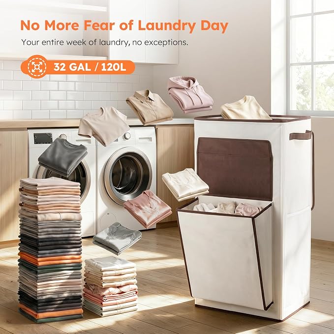 SOLEDI 120L Tall Laundry Hamper with Lid & Delicates Compartment, Clothes Hamper with Removable Liner Bag, Dirty Clothes Basket for Bedroom, Bathroom, Dorm, Apartment, Light beige - Image 5