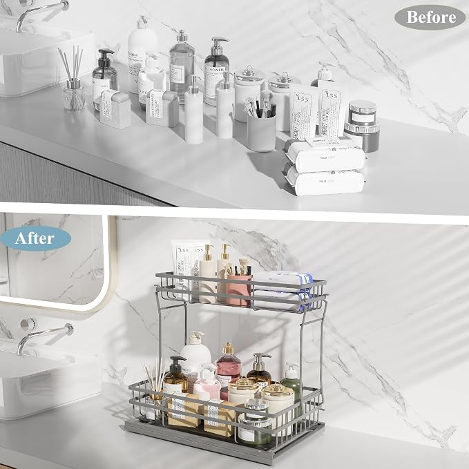 2 Pack Under Sink Organizers and Storage, 2 Tier Pull Out Cabinet Organizer, Metal Sliding Drawer Storage for Kitchen Bathroom，Gray - Image 4