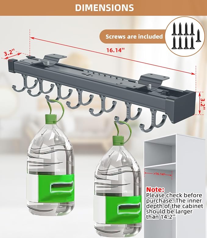 Pull Out Broom Holder With Adjustable Double Row Sliding Hook-Grey 16.14in - Image 4