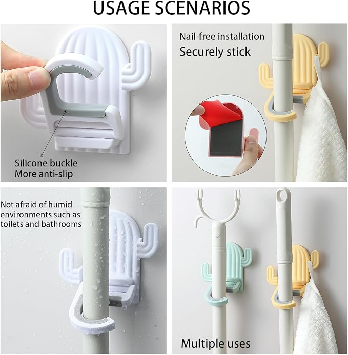 4 pack Broom and Mop Holder Wall Mount，Cute Cactus Wall Utility Hooks No Drill Mop and Broom GripperDecorative Hanging Holder for Bathroom Kitchen（White, Pink, Yellow, Mint Green） - Image 3