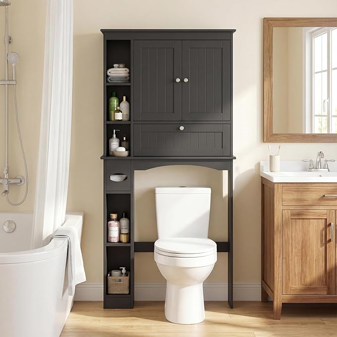 GIANTEX Over The Toilet Storage Cabinet, 31.5''W Freestanding Space Saver with Doors, Adjustable Shelf & Toilet Paper Holder, Over Toilet Bathroom Organizer for Laundry, Restroom, Black - Image 3