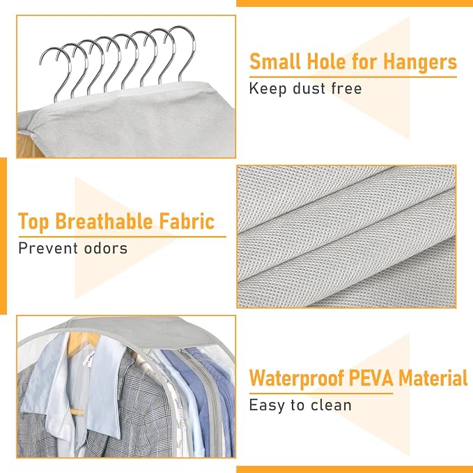 MISSLO 10" Gusseted Garment Bags for Hanging Clothes 40"+50" Clear Suit Bags for Closet Storage Dress Bag for Gowns Long Coat Protector, 3 Packs, Grey - Image 7
