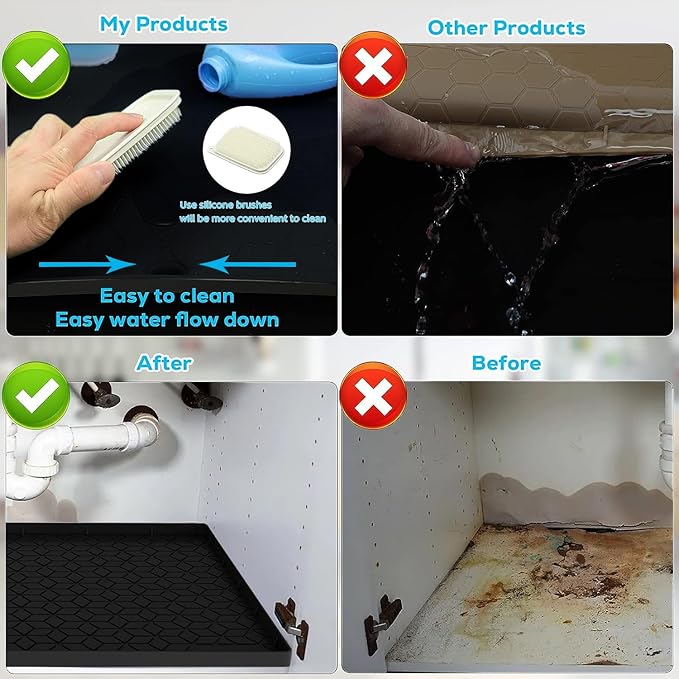 Under Sink Mat for Kitchen Silicone Waterproof Under Sink Liner, Flexible Sink Cabinet Organizer Tray with Drain Hole, Hold up to 3.3 Gallons Liquid, Easy to Clean (Black, 28X19) - Image 6