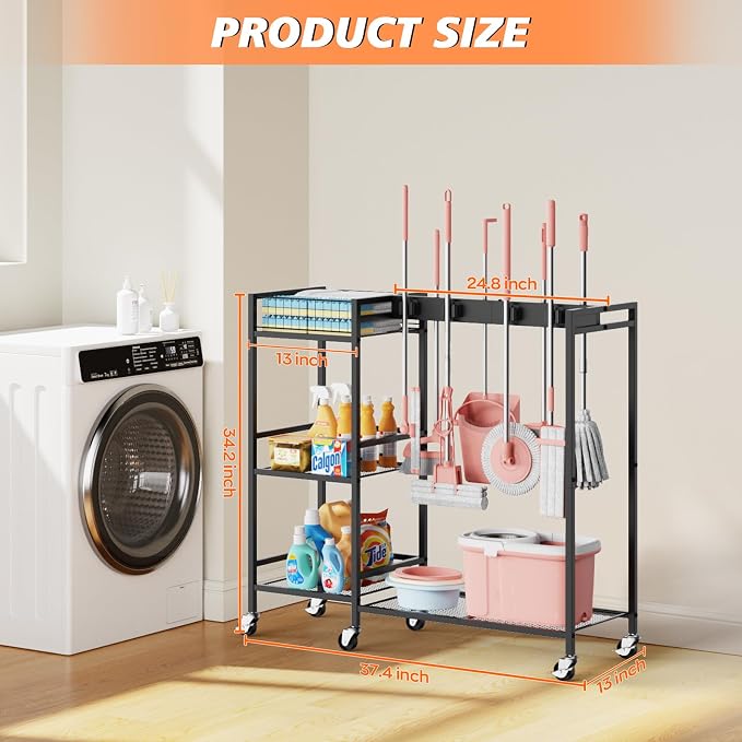 Broom and Mop Holder, MUNNAR Broom Closet Storage Cabinet with Cleaning Supplies Organizer, 2-in-1 Broom Mop and Cleaning Supplies Storage Cleaning Cart, Cleaning Cart with Wheels for Housekeeping - Image 2