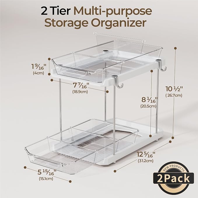 Delamu 2 Tier Under Sink Organizer Bathroom, Bathroom Cabinet Organizer with Snap-Lock Design and Hooks, Pull Out Storage with Movable Dividers, for Countertop, Kitchen and Pantry (White, 2 Pack) - Image 2