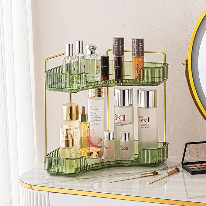 shuang qing 2-Tier Corner Bathroom Counter Organizer – Storage Shelf for Makeup, Perfume & Skincare, Space-Saving Countertop Tray Fits Bathroom, Dresser, Kitchen (Green) by SHUANGQING