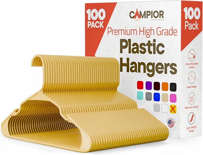 Plastic Clothes Hangers – Heavy Duty Hanger Set, for Organizing Clothes, Dresses, and Coat, Holds Up to 5 lbs, Space-Saving Hangers with Non-Slip Shoulder Grooves, Pack of 100, Yellow by Campior