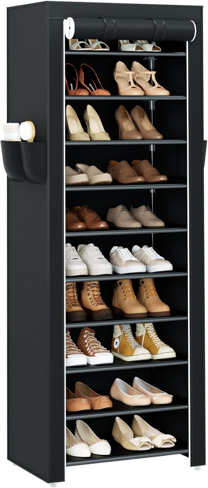 CASAMAYA Shoe Rack with Covers, 10 Tiers Tall Shoe Rack Organizer, Large Capacity Shoe Shelf Storage, Hold 20 Pairs of Shoes, Vertical Shoe Storage Organizer for Closet, Entryway, Black, SRT102B01 by Unknown