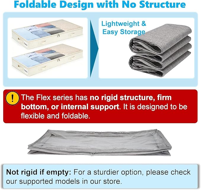 4 Inch Low Profile Under Bed Storage Drawer 2 Pack, Lightweight Underbed Clothes Storage Container Bins With NO STURCTURE, Shallow Storage Bag for Dorm & Home, With Clear Lids & Water-Resistant Fabric - Image 5