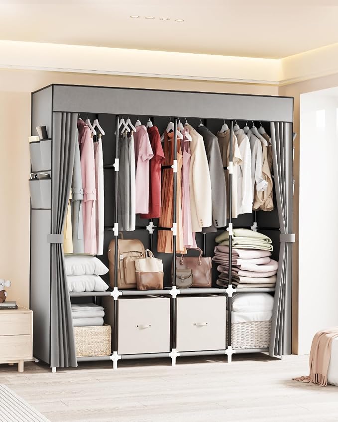 Mavivegue Portable Closet Wardrobe, Clothes Organizer with 4 Hanging Rods, Non-Woven Fabric Cover, Large Capacity Storage for Bedroom and Living Room,Gray - Image 8