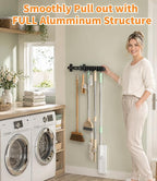 Pull Out Broom Holder 22" With 14 Adjustable Row Sliding Hooks, Multifunctional Slide Broom And Mop Storage/Organizer Garage Organization Hooks, for Closet Laundry Garage Kitchen - Image 5