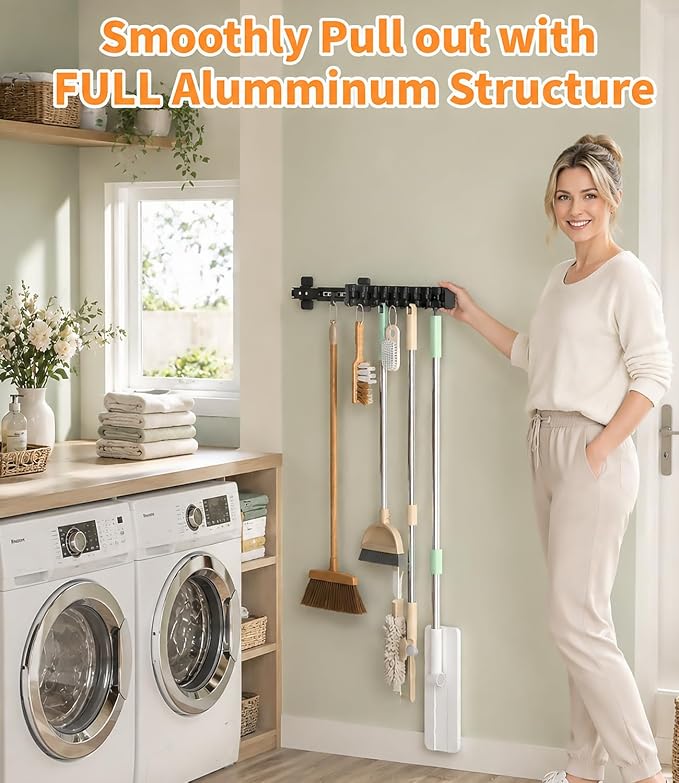 Pull Out Broom Holder 22" With 14 Adjustable Row Sliding Hooks, Multifunctional Slide Broom And Mop Storage/Organizer Garage Organization Hooks, for Closet Laundry Garage Kitchen - Image 5