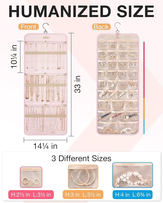BAGSMART Hanging Jewelry Organizer Necklace/Earring/Ring 2-Sided L Pink - Image 5