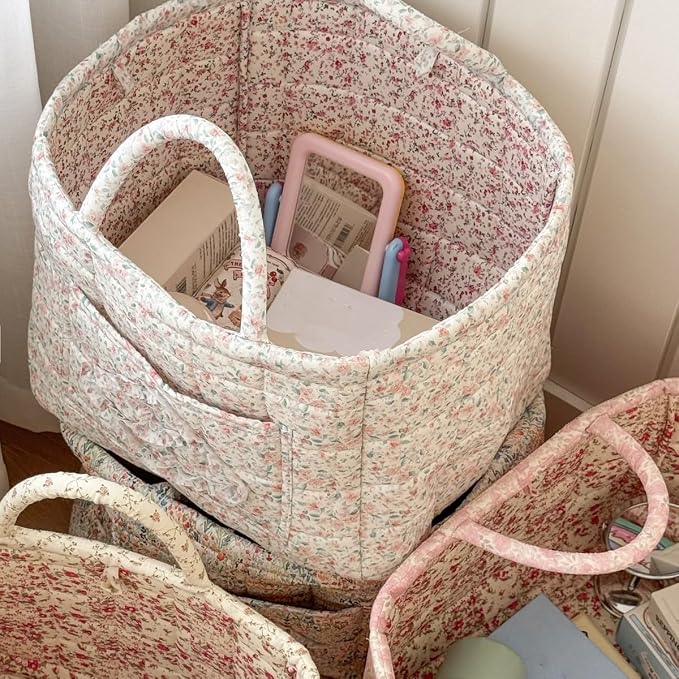 Storage Basket Boho Fabric Large Collapsible Floral Laundry Nursery Hamper Portable Folding Storage for Clothes Toys (Green Floral) - Image 3