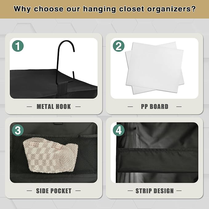 3-Shelf Hanging Closet Organizer, Washable Foldable Storage Shelves, Black | Front lip keeps items secure; side pockets add room; Oxford fabric handles towels, shirts, baby items, dorms, RVs or travel. - Image 5