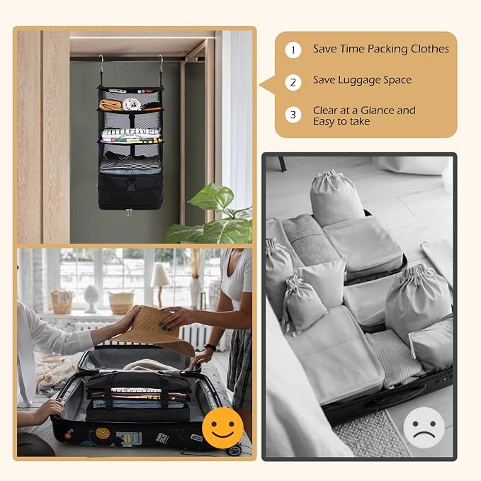 Surblue Hanging Closet Storage Bag Collapsible 3-Shelf Washable Oxford Fabric with 2 Hooks (L 11.41 * 11.41 * 19.68in, Black) - Image 4