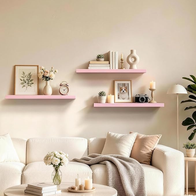 BAYKA Pink Floating Shelves 22.5in, Set of 2, Wall Mounted for Wall Decor - Image 4