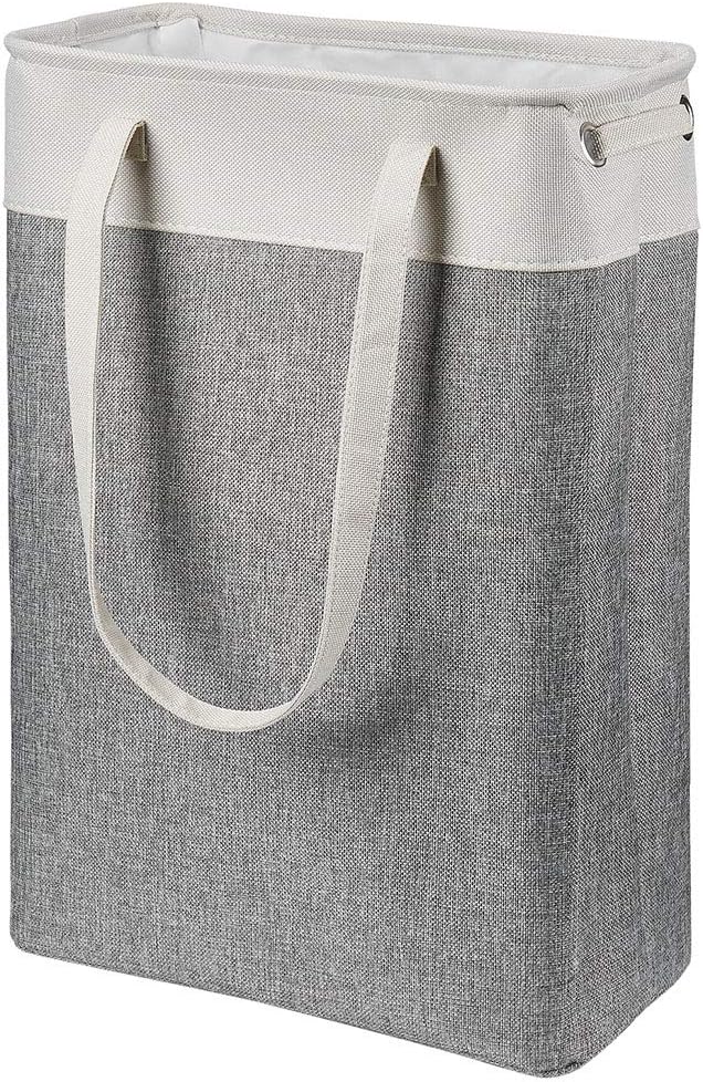 Laundry Basket with Handles Beige&Grey-Slim Laundry Bin Collapsible Dirty Clothes Basket Narrow Laundry Bag Foldable Dirty Hamper for Camping, Dorms, Apartments by iBKGOO