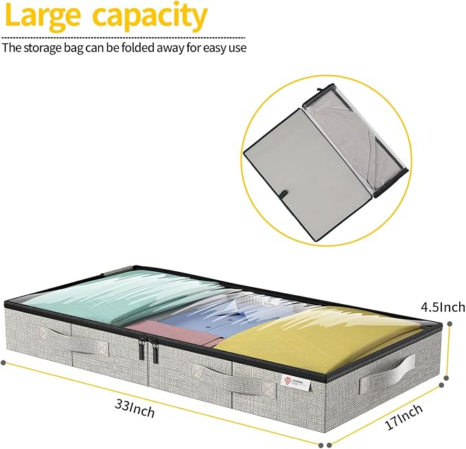 4.5 Inches Under Bed Storage Containers with Sturdy Sidewalls/Bottom and Reinforced Handles，Low Profile Underbed Storage for Clothes,Shoes,Pillows and Blankets with Zips and Clear Windows,2 Pack - Image 2