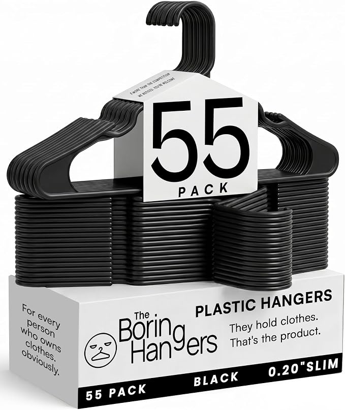 Black Plastic Hangers 55 Pack - 10 lb Heavy Duty Black Clothes Hangers for Closet, Space Saving & Slim Plastic Coat Hangers for Shirts Suits Jackets - 0.20" Thin Minimalist Hangers by TheBoringHangers