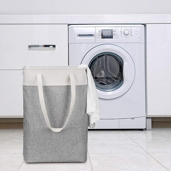 Laundry Basket with Handles Beige&Grey-Slim Laundry Bin Collapsible Dirty Clothes Basket Narrow Laundry Bag Foldable Dirty Hamper for Camping, Dorms, Apartments - Image 6