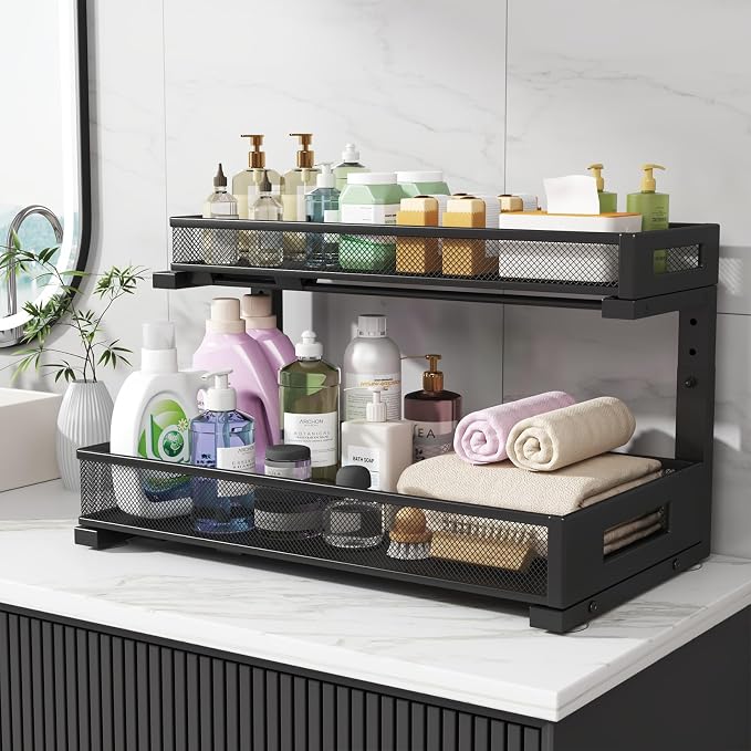 2 Pack 19IN Depth Under Sink Storage Organizer, Large 2-Tier Elegant Mesh Pull Out Shelf for Kitchen and Bathroom Cabinet Organization, L-Shaped and Adjustable Height Design-Black - Image 7