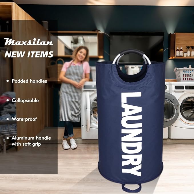 Maxsilan 125L X-Large Laundry Basket, Freestanding Tall Clothes Hamper, Collapsible Laundry Bag, Dark Blue - Image 2