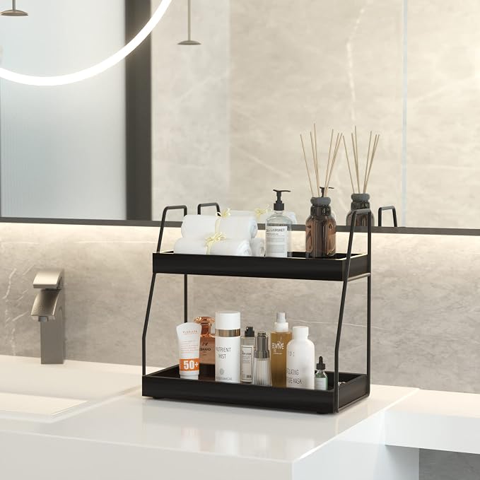 ZGO 2-Tier Modern Bathroom Counter Organizer, Wooden Sink Organizer Shelf for Vanity Storage, Makeup Bedroom Corner (Black Frame, 2 Shelves) - Image 4