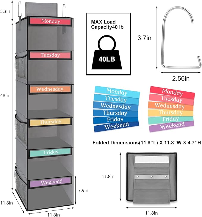 Fixwal Weekly Kids Clothes Organizer 6-Shelf Hanging Closet Storage Grey | Nonwoven Fabric, 6 Daily Shelves, 6 Mesh Side Pockets, 2 Metal Hooks, Foldable Design, for Kids Outfits and Accessories - Image 3