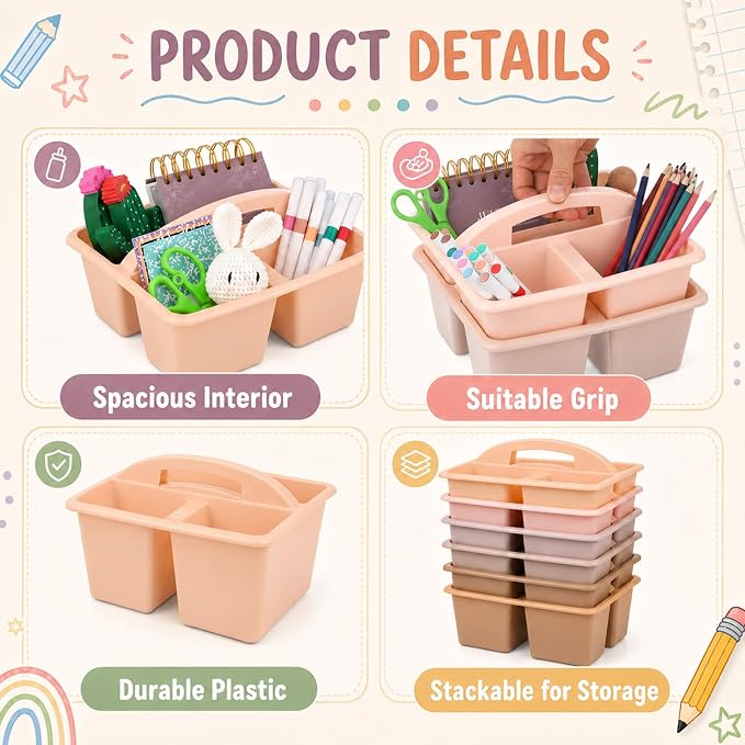 6 Pack Plastic Classroom Organizer Caddy with Handle, Boho Pastel - Image 3