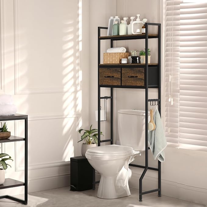 ETELI Over The Toilet Storage Cabinet Bathroom Storage Cabinet Over Toilet Fit Most Toilets Above Toilet Shelf Bathroom Shelf Organizer with Fabric Drawers, Rustic Brown by ETELI