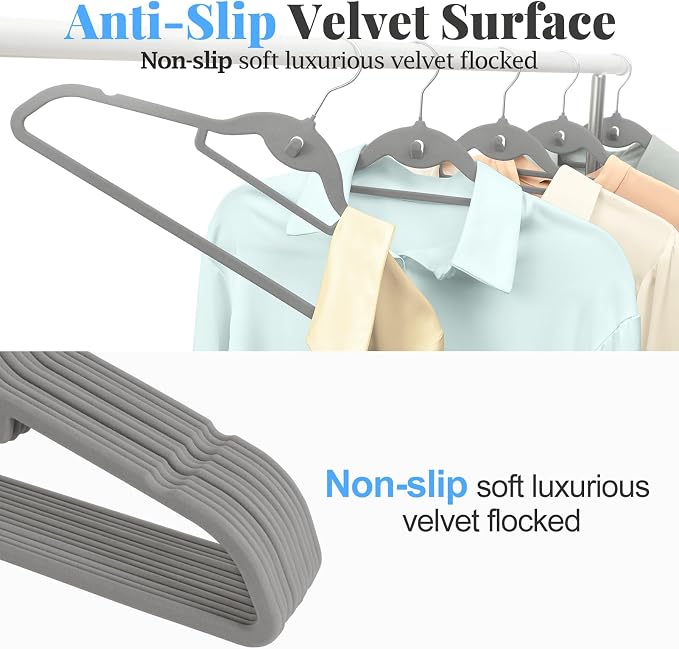 Velvet Felt Stackable Hangers 50 Pack, Thin & Space Saving, Gray | Non Slip, 15Lbs Capacity Heavy Duty With 360° Swivel Hook, Shoulder Notches, No Shoulder Bump, for Coat Suit Shirt Dress - Image 6
