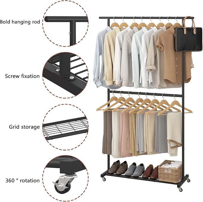 Sywhitta Double Rod Metal Clothing Rack on Wheels with Bottom Mesh,Black - Image 5
