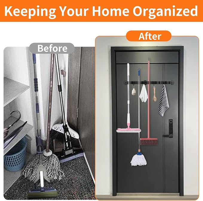 Magnetic Broom Holder Wall Mount with 4 Hooks and 5 Rack- Heavy Duty Non-Slip Mop Hanger for Wet Mops&Cleaning Tools on Refrigerator,Metal Door,Garage,Kitchen,Laundry Room - Image 7
