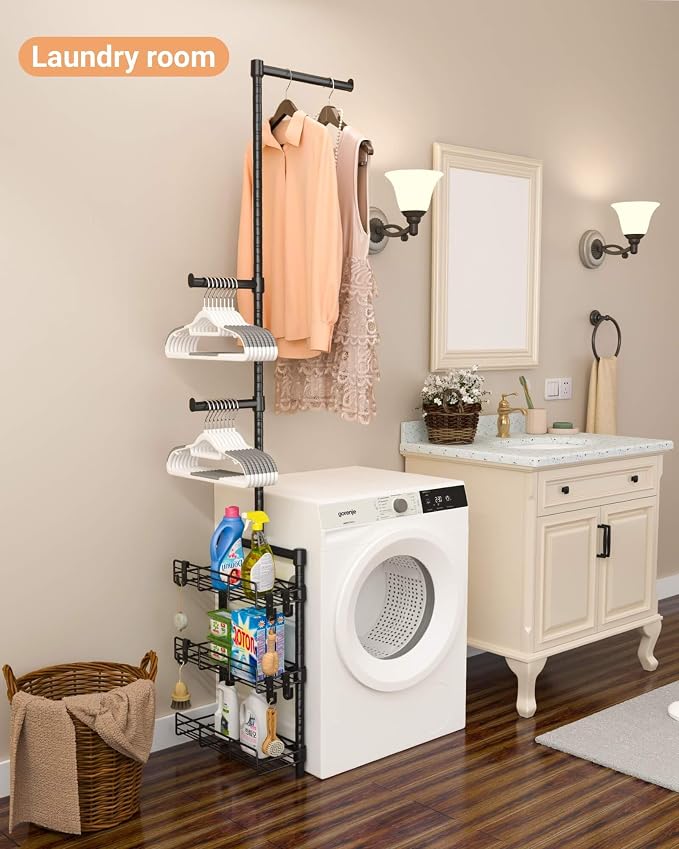 Laundry Room Shelves - Over the Washer and Dryer Storage Shelf, Laundry Hanging Rod with Basket and Hanger Organizer for Laundry Room Organization - Image 2