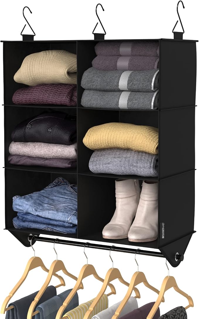 ClosetMaid 6-Shelf Fabric Hanging Closet Organizer with Garment Rod for Shirts, Sweaters, Pants, Hats, Shoes, Purses with Charcoal Black Finish - Image 8