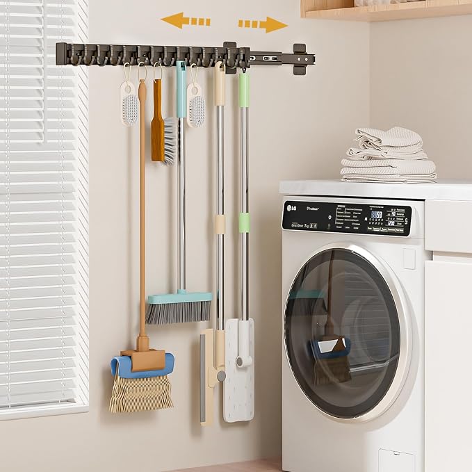 Pull Out Broom Holder With 14 Adjustable Row Sliding Hook - Black 22inch by PrimZootyDesign