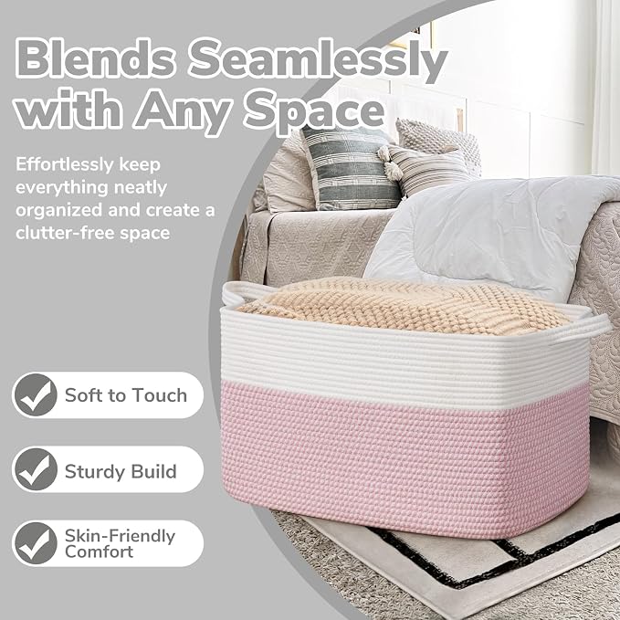 Goodpick Large Woven Rope Blanket Basket, Rectangle, White & Pink - Image 5