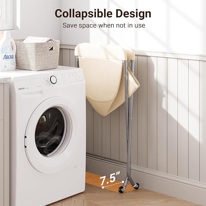 ELYKEN Laundry Basket with Wheels, Collapsible Laundry Hamper, Cream - Image 5